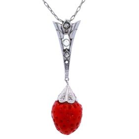 Strawberry Pendant Necklace in platinum with Coral and Diamonds