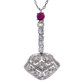 Art Deco Platinum / 18kt Gold Pendant Necklace with Diamonds and Ruby