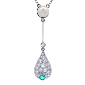 Vintage Platinum / 18kt Gold Necklace with Diamonds, Emerald and Pearl