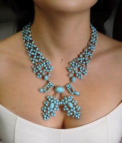 Victorian Necklace In 14kt Gold with 187.50 Cts In Turquoises & Diamonds