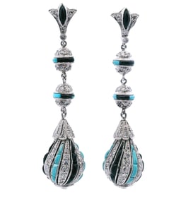 Art Deco style Platinum hanging Earrings with Turquoise, Onyx and 2.45 Cts in Diamonds
