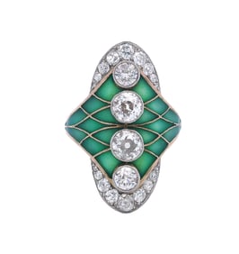 Art Nouveau 18kt Gold Enamel Ring with 2.90 Cts in Diamonds
