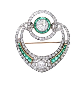 Art Deco 18kt Gold and Platinum Brooch with 9.50 CTW in Diamonds and Emeralds