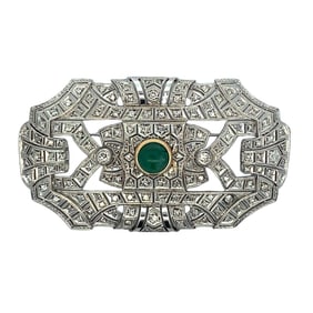 Art Deco filigree Platinum Brooch with 5.30 CTW in Diamonds and Emerald