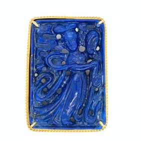 1960s 14K Yellow Gold Carved Lapis Lazuli Brooch