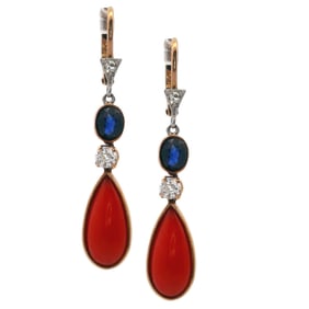 Antique Dangling 18kt Gold Earrings with Coral, Diamonds and Sapphires