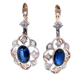 Antique Drop earrings in 18kt gold and Platinum with Synthetic Sapphires and Diamonds