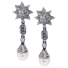 Victorian Platinum Drop Earrings with Diamonds and Pearls