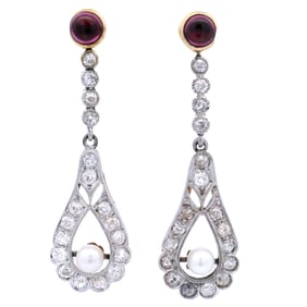 Antique 18kt Gold and Platinum Earrings with Tourmaline, Diamonds and Pearls