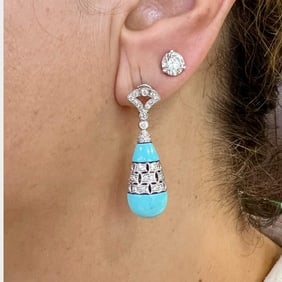 18K White Gold Diamond & Turquoise Earrings