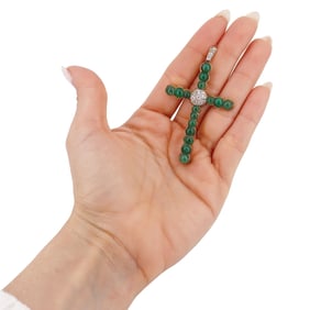 Antique 18kt Gold and Platinum Cross Pendant with emeralds and Diamonds