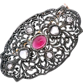 Edwardian 14kt Gold and Silver Brooch with Diamonds and Garnet