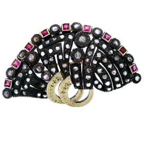 Edwardian 14kt Gold and Silver Brooch with Diamonds and synthetic Rubies