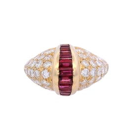Mid-Century 18kt yellow Gold Dome Ring with Rubies and Diamonds