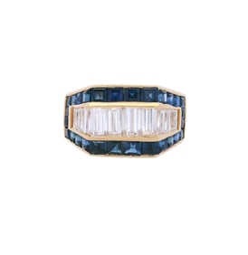 Mid-Century 18kt yellow gold Ring with Blue Sapphires and Diamonds