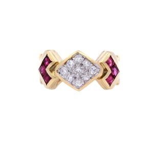 Vintage 18kt yellow Gold Ring with Diamonds and Rubies