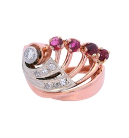 Retro 14kt Rose Gold and Platinum Ring with Diamonds and Rubies