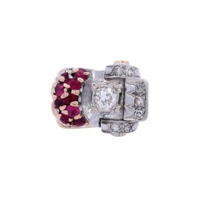 Retro Chevalier Ring in 10kt Rose Gold and Platinum with Diamonds and synthetic Rubies