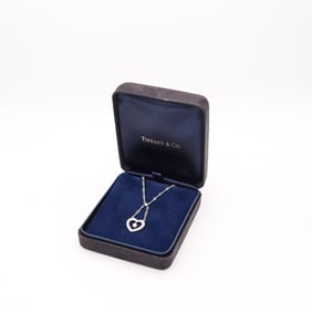 TIFFANY & CO. Open Heart Necklace Chain In Platinum With Diamonds & Pearl