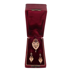 Victorian Set of 14kt Gold Earrings and Pendant/Brooch with Box