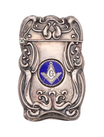 MASONIC 1890 Art-Nouveau Enameled Vesta Matches Box In Repousse .925 Sterling