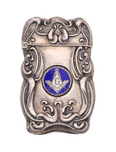 MASONIC 1890 Art-Nouveau Enameled Vesta Matches Box In Repousse .925 Sterling: Created in America with Masonic motifs, back in the 1890-95. The vesta box has been crafted in solid sterling silver with embossed and repoussé of garlands and volutes. The box is decorated with the
