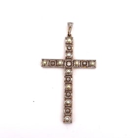 Antique 18kt Gold and Platinum Pendant Cross with Diamonds and Pearls