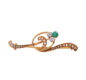 Art Nouveau 18 kt Gold Brooch with Diamonds and Emeralds