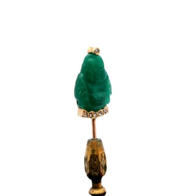 Antique 18kt Gold Pin with Emerald Buddha and Diamonds