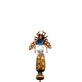 Antique 14kt Gold Pin with Pearls, Rubies and synthetic Sapphire