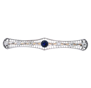 Art Deco 14kt Gold and Platinum Brooch with Diamonds and Sapphire