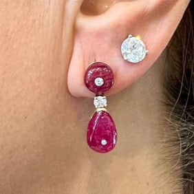 Mid-century 18K Yellow Gold Burma Ruby & Diamond Earrings