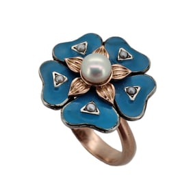 Vintage Imperial Era 14kt Rose Gold Enamel Pearl Ring