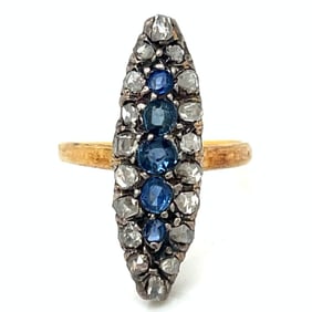 Victorian 18K Yellow Gold & Silver Top Diamond and Sapphire Ring