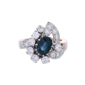 Art Deco 18kt yellow Gold and Platinum Ring with Diamonds and Sapphire