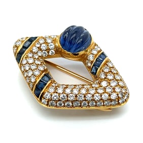 Mid-Century 18K Yellow Gold Sapphire & Diamonds Brooch
