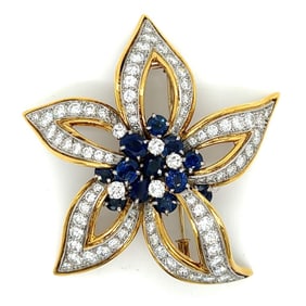 FABERGE PARIS 18K Yellow Gold Diamond & No-heat Burma Sapphire Flower Brooch