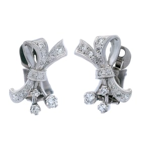 1920s Art Deco Platinum Bow Clip Earrings with Diamonds