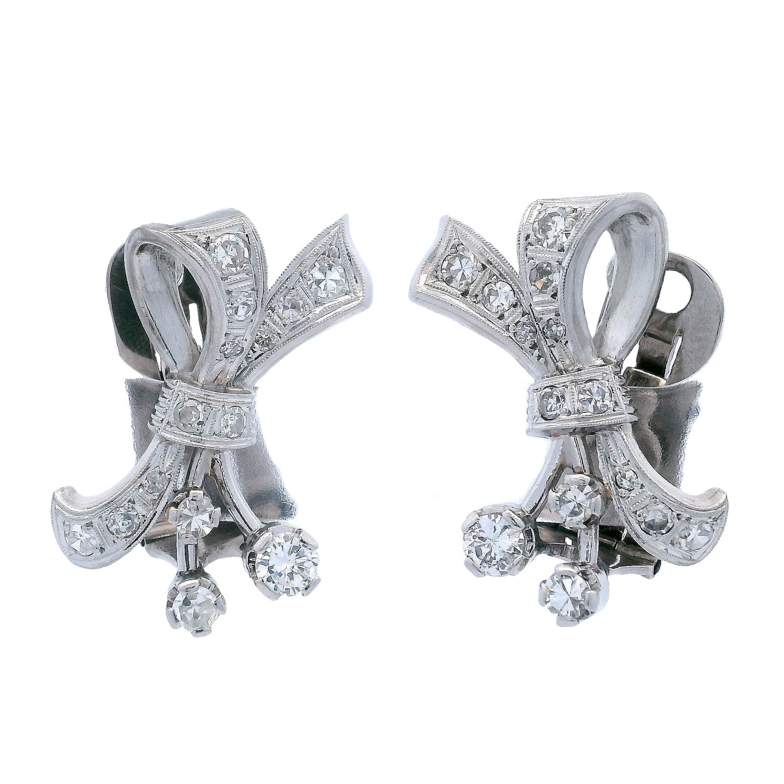 1920s Art Deco Platinum Bow Clip Earrings with Diamonds