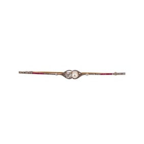 Antique 18kt Gold and Platinum Pin Brooch with Diamonds, Rubies and Pearl