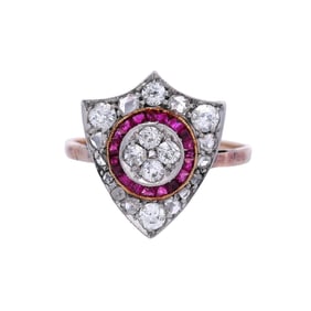 Edwardian 18kt Gold and Platinum Shield Ring with Diamonds and Rubies