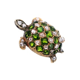 FRENCH 18kt Gold Antique Turtle Brooch with Demantoides and Diamonds