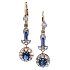 Edwardian 18kt Gold Drop Earrings with 2.60 CTW in Diamonds and Sapphires