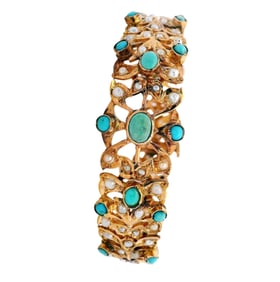 Victorian 18kt yellow Gold Bracelet with Micro pearls and Turquoises