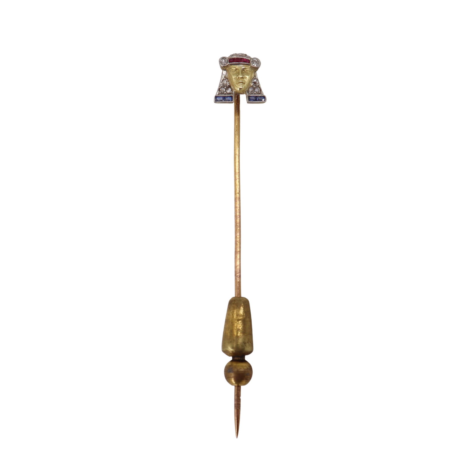 FRENCH Antique 18kt gold Stick Pin with Diamonds, Rubies and Sapphires: A late nineteenth century egyptianesque Stick Pin crafted in 18kt yellow Gold, the Egyptian king with his face engraved with perfect details, accented with Old mine and Rose cut Diamonds, Blue Sapphir