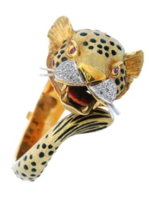 1960 Leopard Bracelet In 18Kt Yellow Gold With Enamel, Diamonds and Rubies