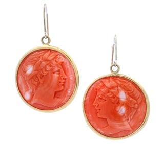 Vintage 18kt yellow Gold Coral Cameos Earrings