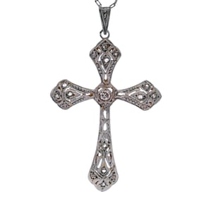 Antique 18kt Gold and Platinum Cross Pendant Necklace with Diamonds