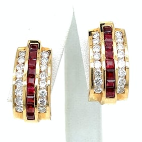 18K Yellow Gold Ruby & Diamond Earrings