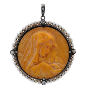 18k Gold Religious Pendant with Pearls, Diamonds & white Coral